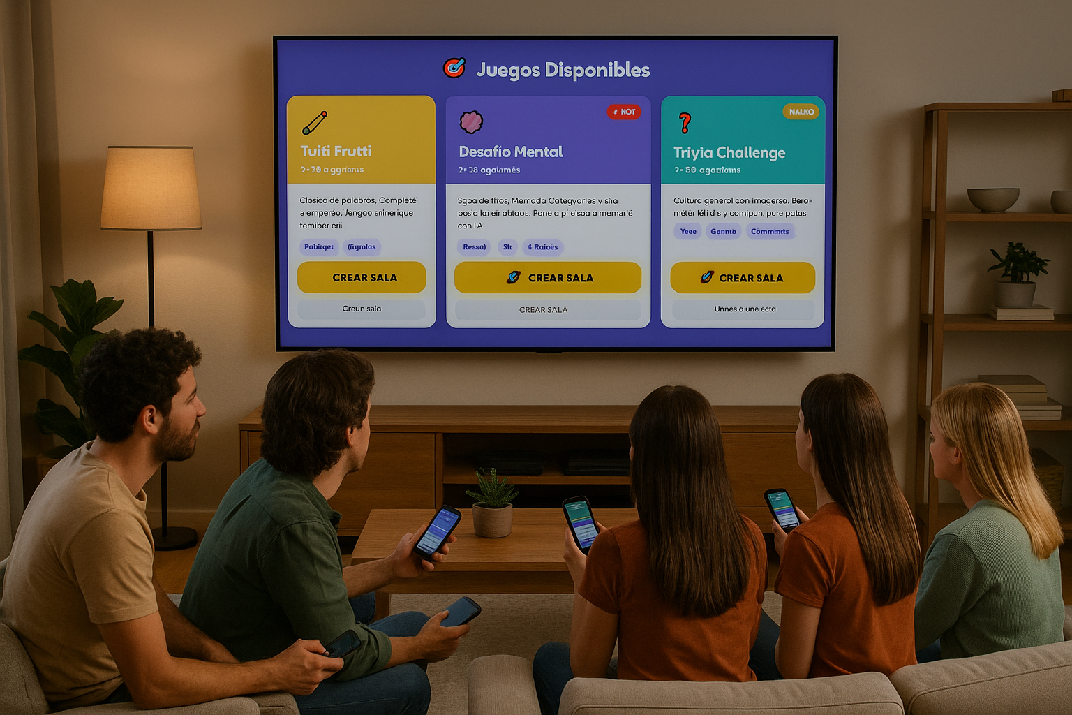 Amigos jugando con celulares en la sala